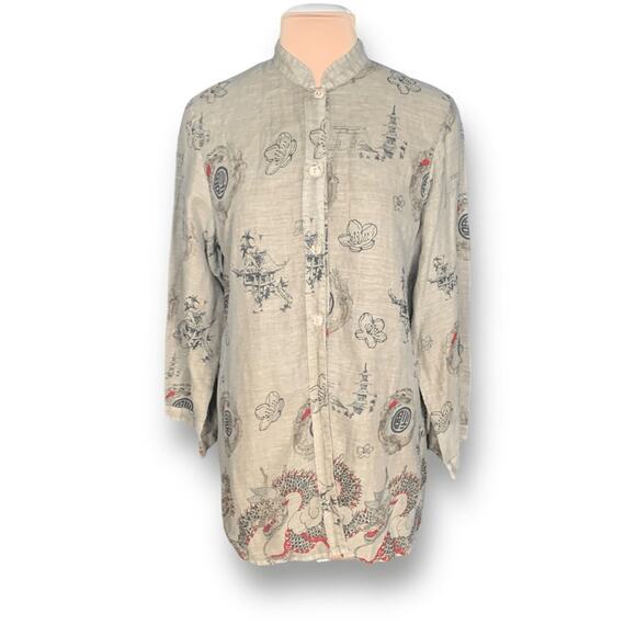 Vintage 90s Citron Santa Monica Linen Tunic Dragon Print Beige Red Asian Top - Picture 11 of 11